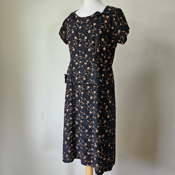 Vintage 1940s WWII Black Brown Embroidered Rayon Crepe Peplum Day Dress Fall L - Picture 1 of 12